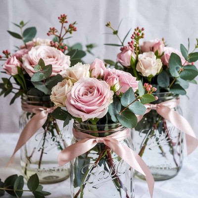 Blush Pink Rose Trio in Ribbon-Tied Mason Jars