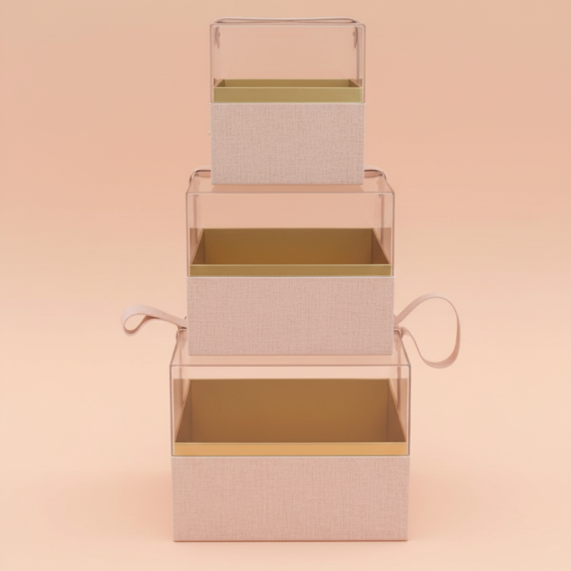Elegant Beige Linen &amp; Acrylic 3-Tier Transparent Gift Tower